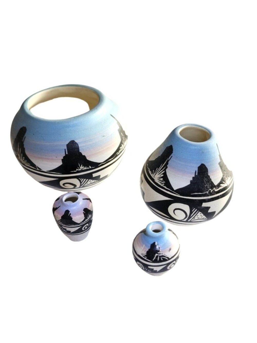 Set Of 4 Signed Navajo  Pottery Vases Southwestern Design Squat Vase